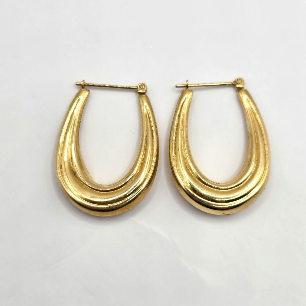14K Yellow Gold Ribbed Style Elongated Hoop Earrings - 3.6g